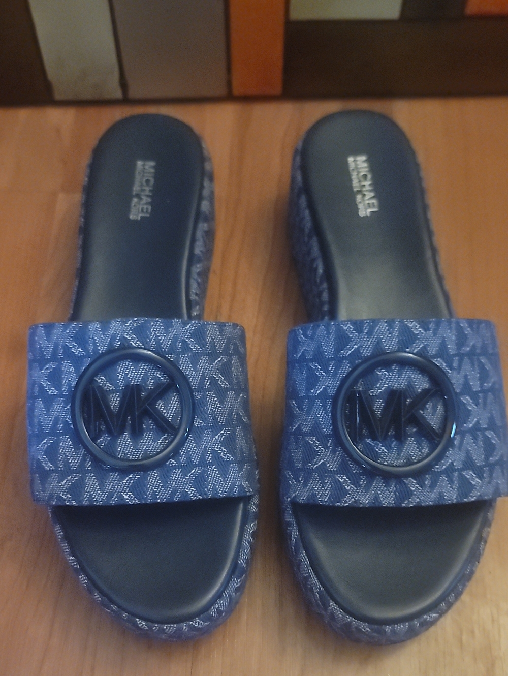 Michael Kors Denim Jacquard Sadler Wedge MK Logo Slide Sandals